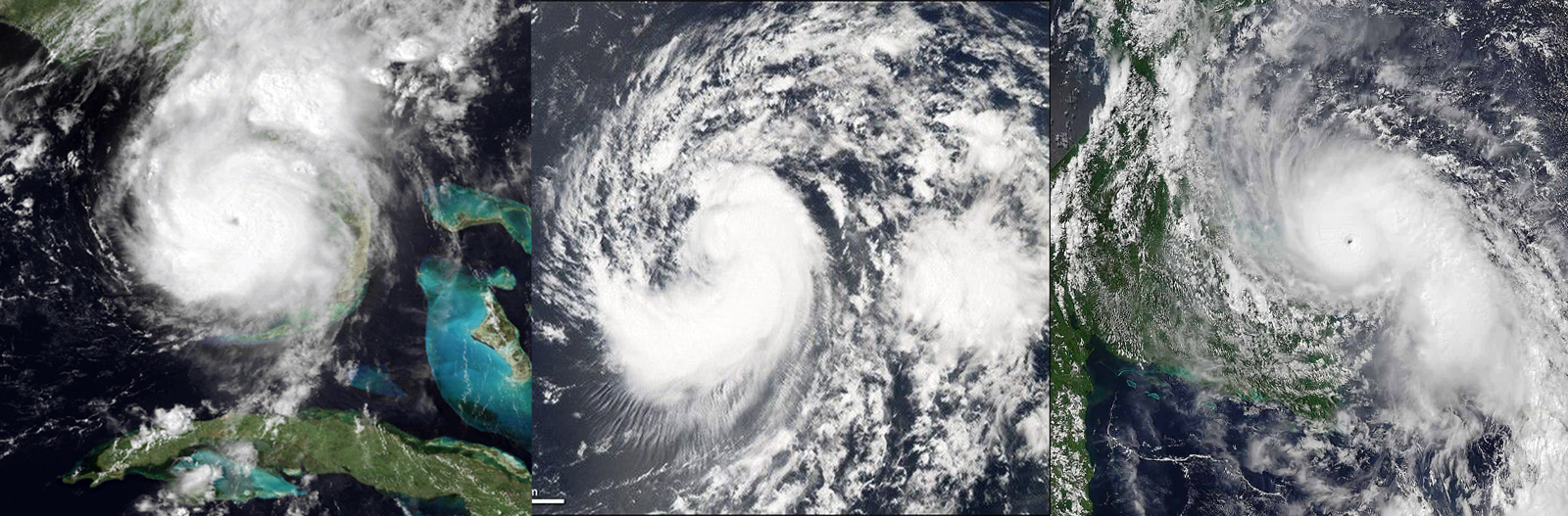 Satellite imagery of Hurricanes Charley, Helene, and Milton, the three storms survived by the Charley Helene Milton Victory Vertical